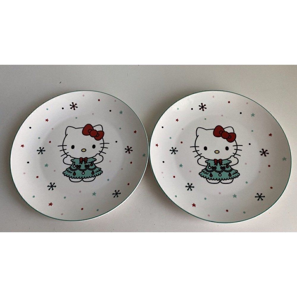Set Of 2 Sanrio Hello Kitty Ceramic Dinner Plate 10.5” Christmas Tree Snowflake